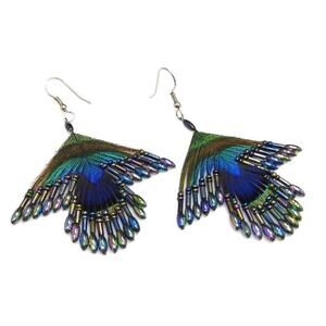 Handmade Peacock Feather Iridescent Glass Seed Beaded Earrings, 3 1/4 Inches